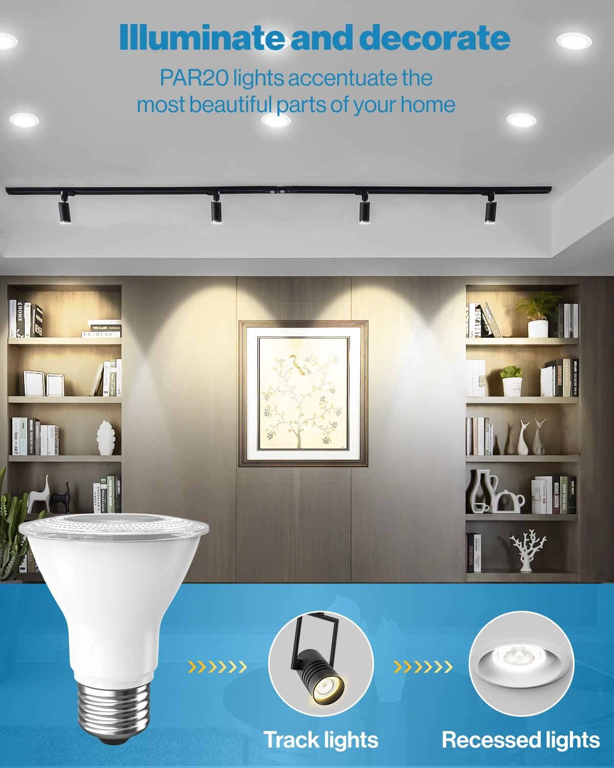 Sunco PAR20 LED bulb instant-on, flicker-free for indoor comfort.