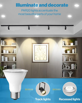 Sunco PAR20 LED bulb instant-on, flicker-free for indoor comfort.