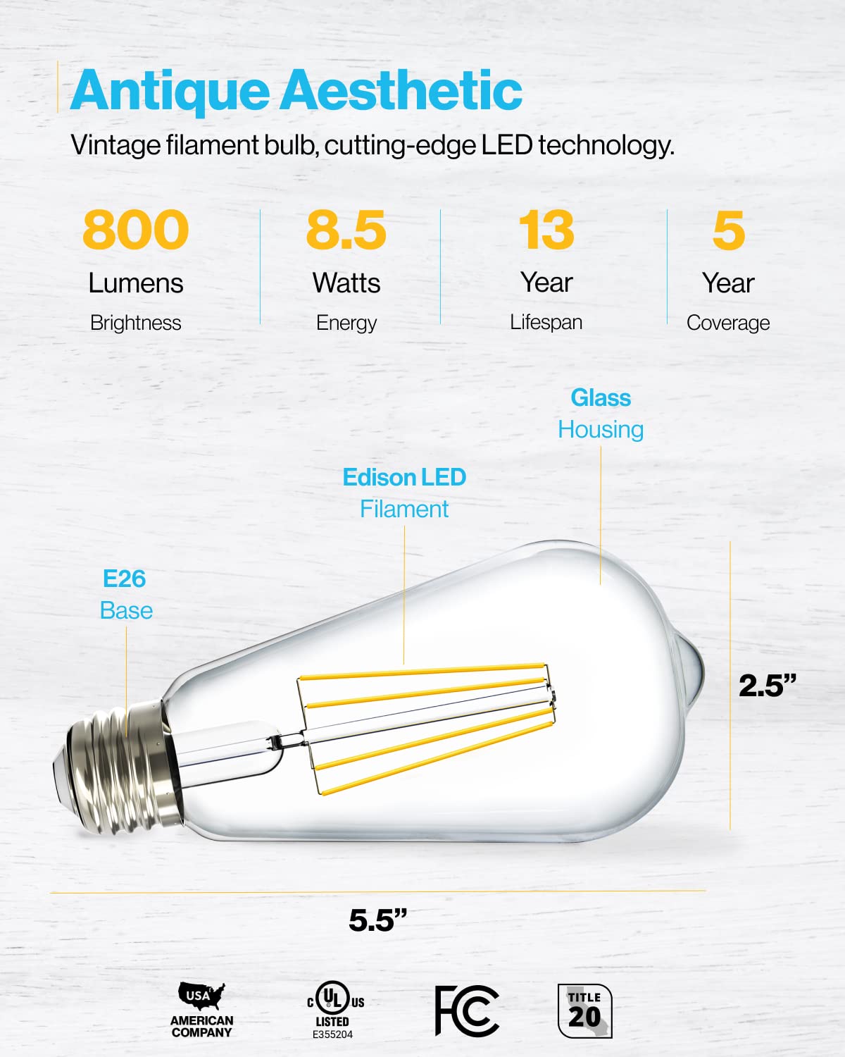 Sunco ST64 dimmable bulb delivering 800 lumens at 8 watts for mood lighting.