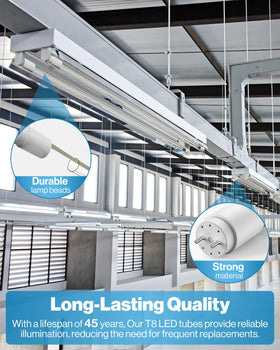 Sunco T8 LED tubes with clear lens for crisp daylight output.
