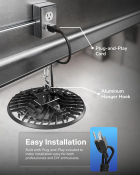 Sunco UFO High Bay with hook, ceiling, and NPT mounting options for quick installs