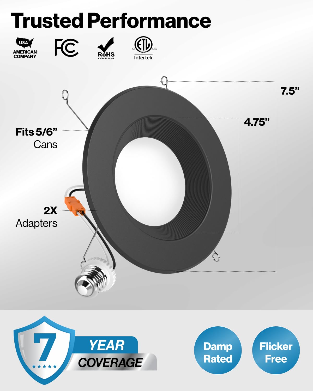 Sunco UL-listed damp-rated downlight badge emphasizing safety and quality.
