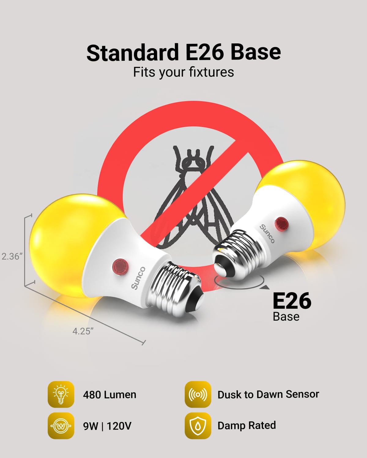 Sunco Yellow LED Bug Light Bulb in a wall lantern with auto on/off dusk-to-dawn