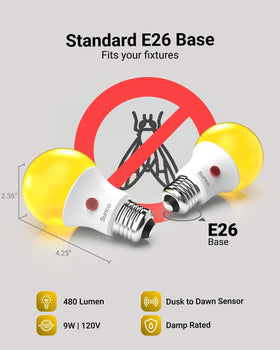 Sunco Yellow LED Bug Light Bulb in a wall lantern with auto on/off dusk-to-dawn