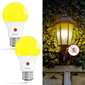 Sunco Yellow LED Bug Light Bulb outdoors on porch with insect-reducing ambiance