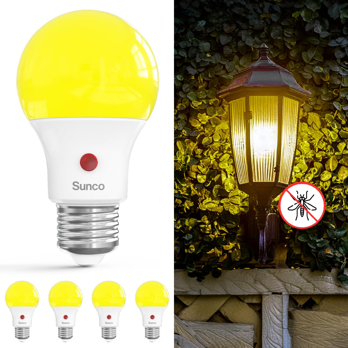 Sunco Yellow Outdoor Bug Light A19 bulb on porch deterring insects