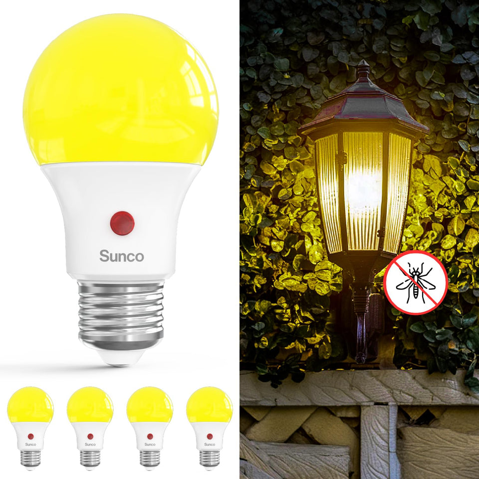 Sunco Yellow Outdoor Bug Light A19 bulb on porch deterring insects
