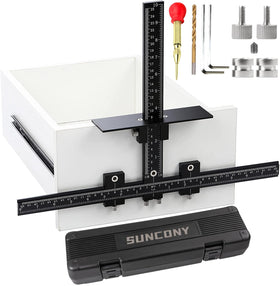 SUNCONY cabinet hardware jig shows aluminum construction for durable, precise drilling.