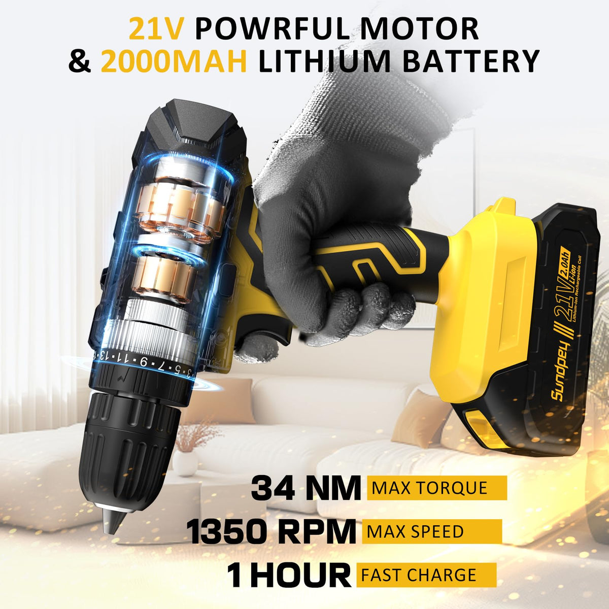 Sundpey 2000mAh battery and charger for fast, reliable recharges.