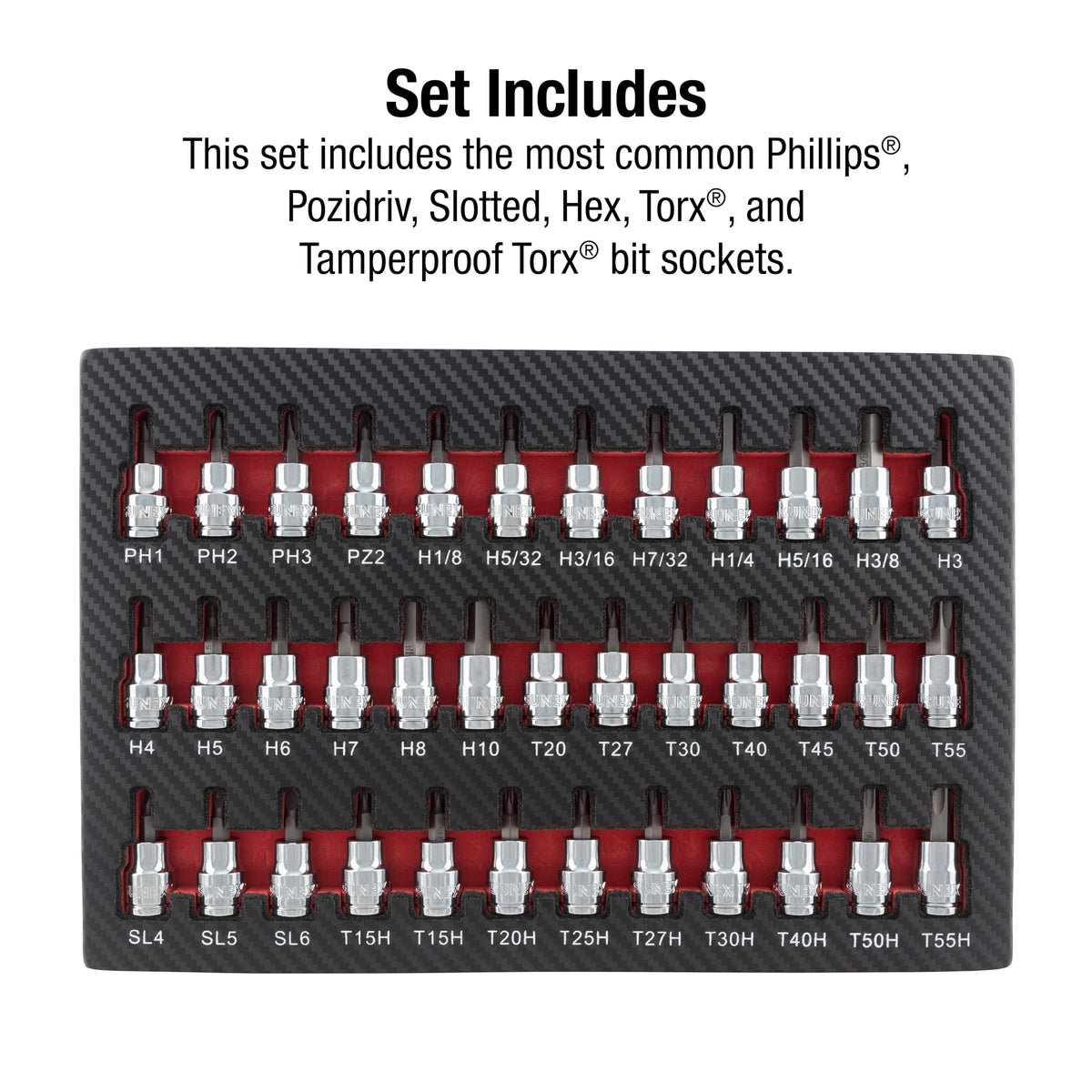 Sunex 9737 37 Pc 3/8 in drive bit socket set contents laid out for quick sizing.