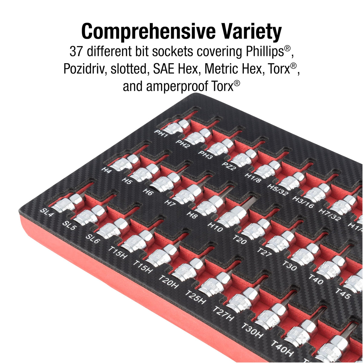 Sunex 9737 37 Pc 3/8 in drive bit socket set includes diverse size ranges.