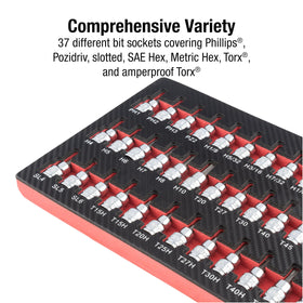 Sunex 9737 37 Pc 3/8 in drive bit socket set includes diverse size ranges.