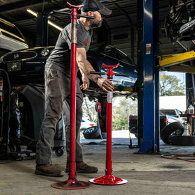 Sunex Tools 6811 contoured saddle stabilizes exhaust and drivetrain work.