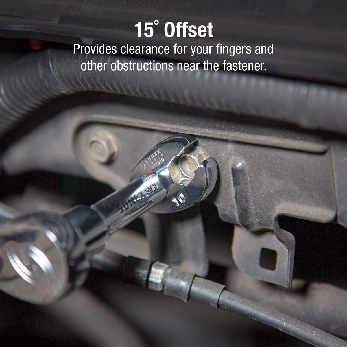 Sunex Tools 9710M crowfoot wrench in use on flare-nut fittings with 3/8 drive