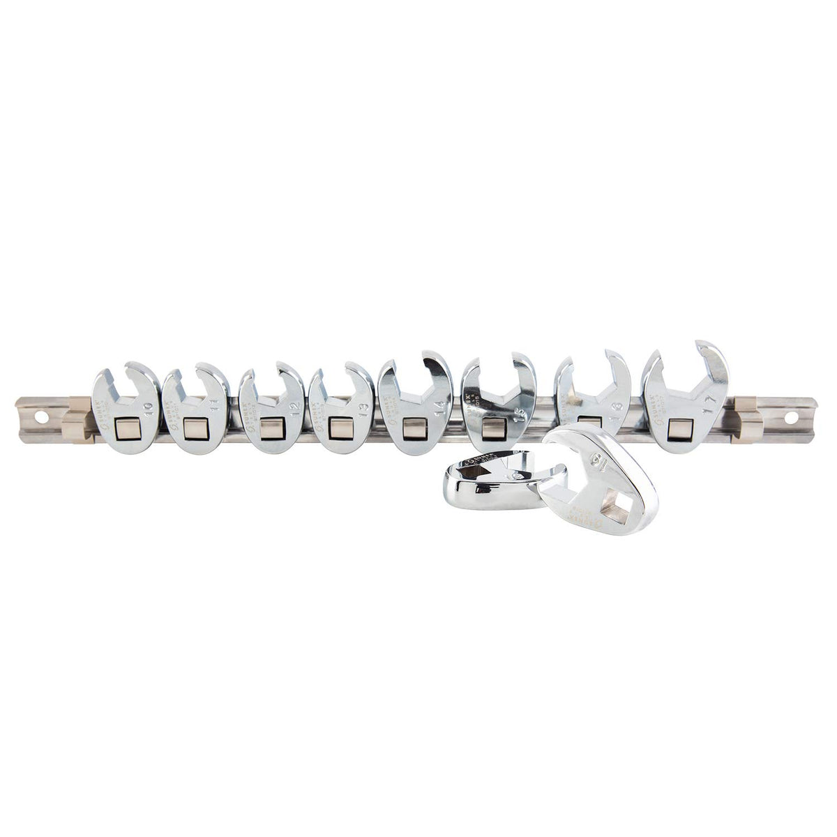 Sunex Tools 9710M crowfoot wrenches on storage rail for organized automotive repairs