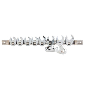 Sunex Tools 9710M crowfoot wrenches on storage rail for organized automotive repairs