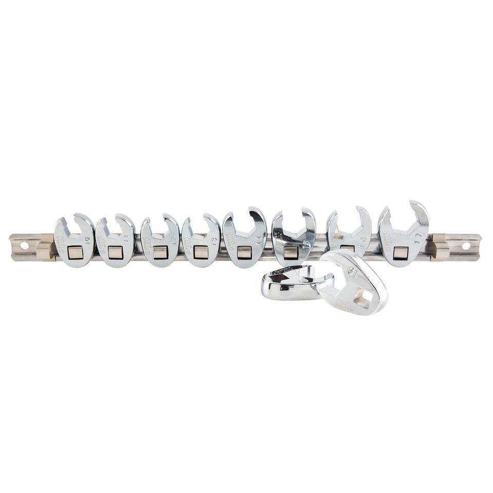 Sunex Tools 9710M crowfoot wrenches on storage rail for organized automotive repairs