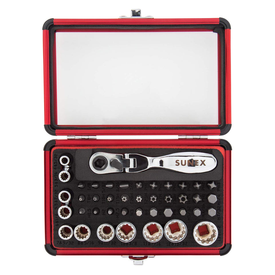 Sunex Tools 9732 mini dual-flex head ratchet in tight-space use