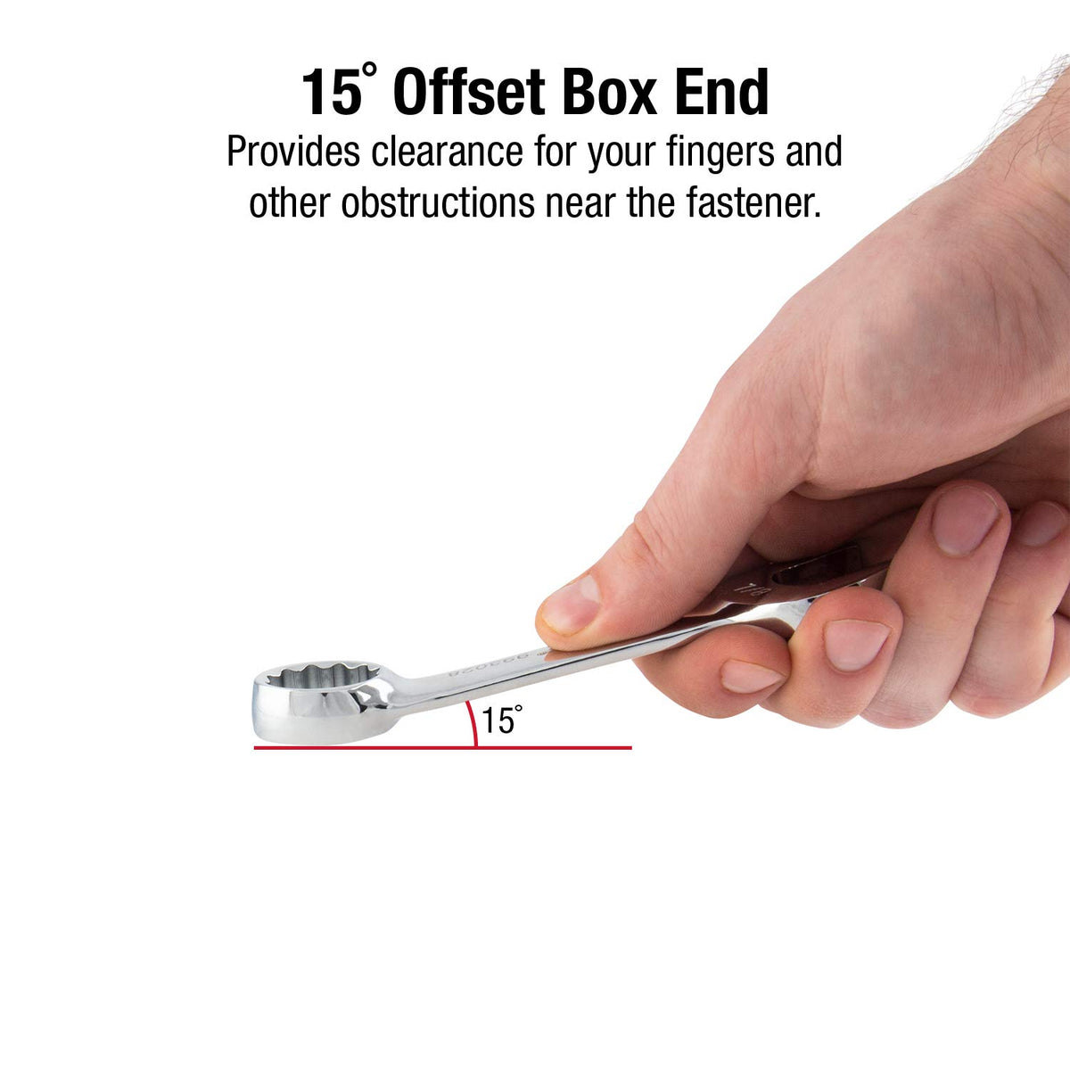 Sunex Tools 9930 box-end offset of 15 degrees offers finger clearance near fasteners.