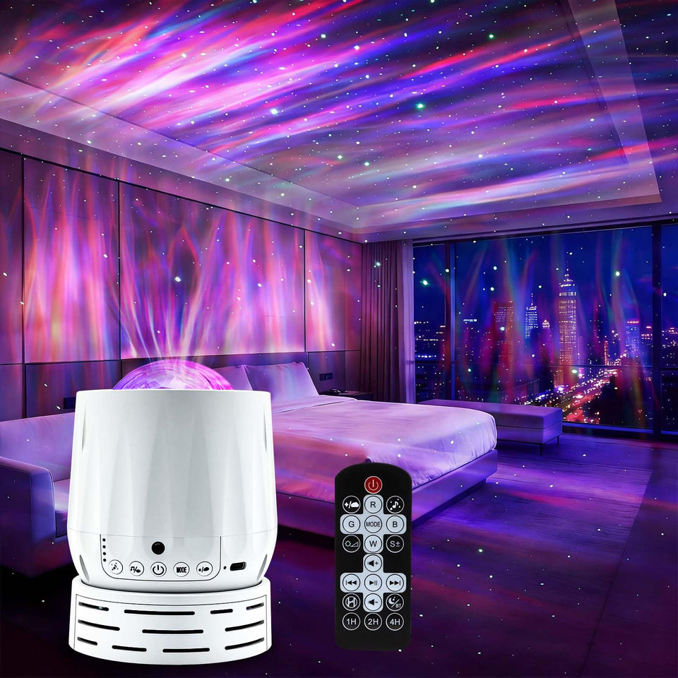 SUNFUCAN Northern Lights Projector red aurora lights create a cozy bedroom ambience.