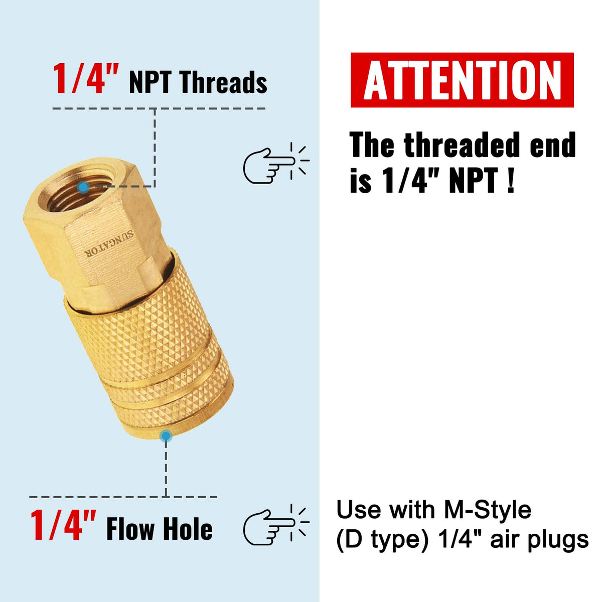 SUNGATOR brass 1/4-inch industrial coupler highlights durable construction.