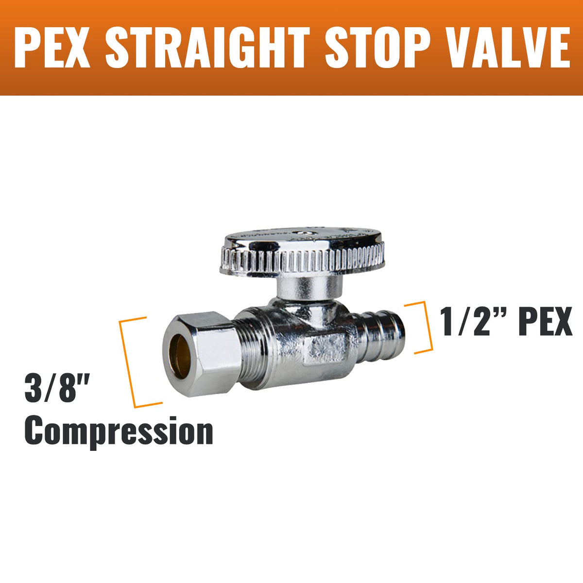 SUNGATOR chrome-plated brass valve for 1/2 in PEX to 3/8 in compression.