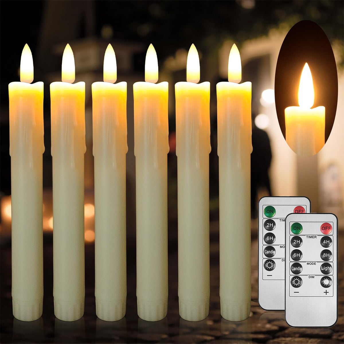 SUNGEGE flameless taper candles with remote for safe, long-lasting ambiance in a six-pack.