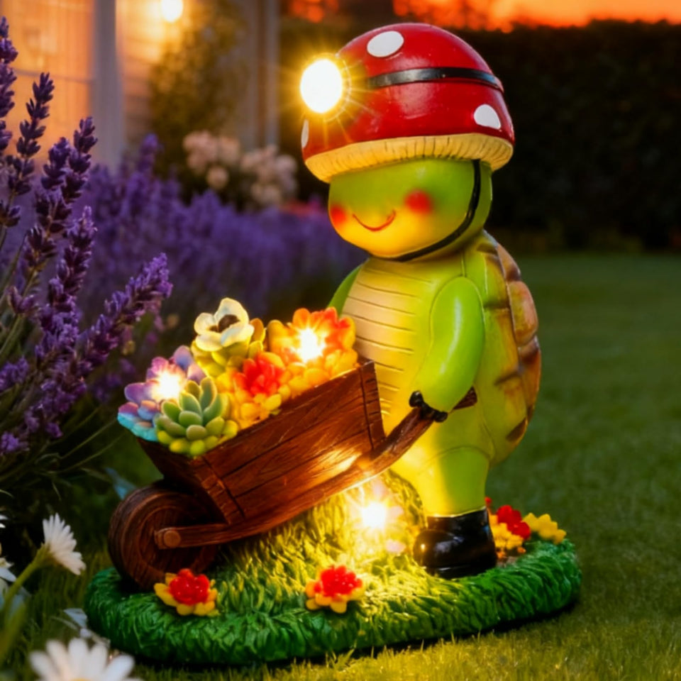SunGlee solar light turtle statue glows along garden path at dusk.