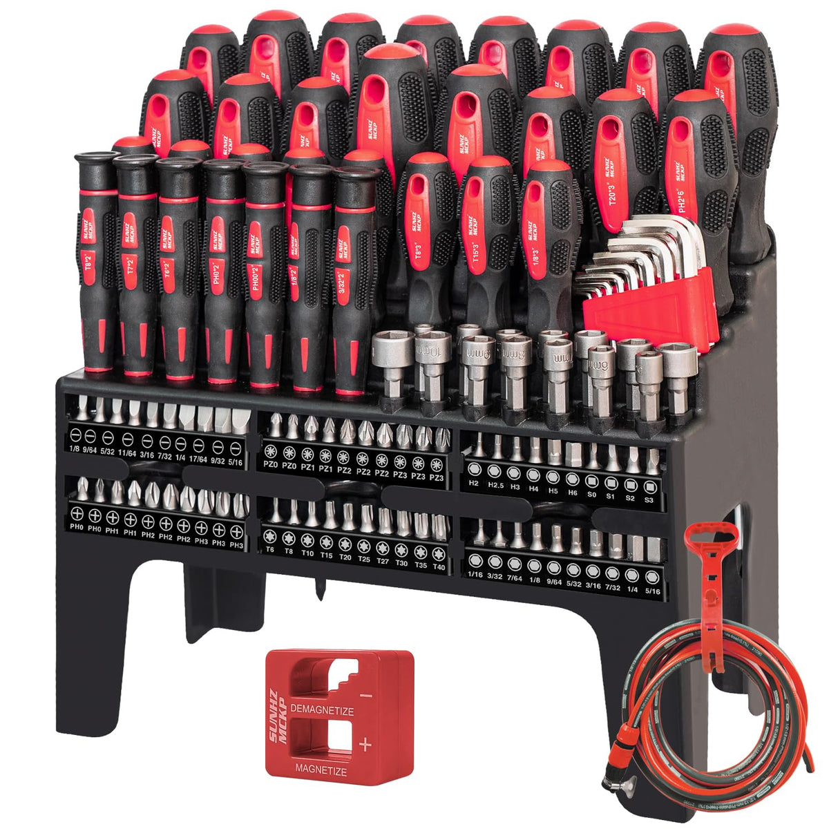 SunHZ MCKP 124-piece screwdriver set neatly stored on rack for organized DIY projects