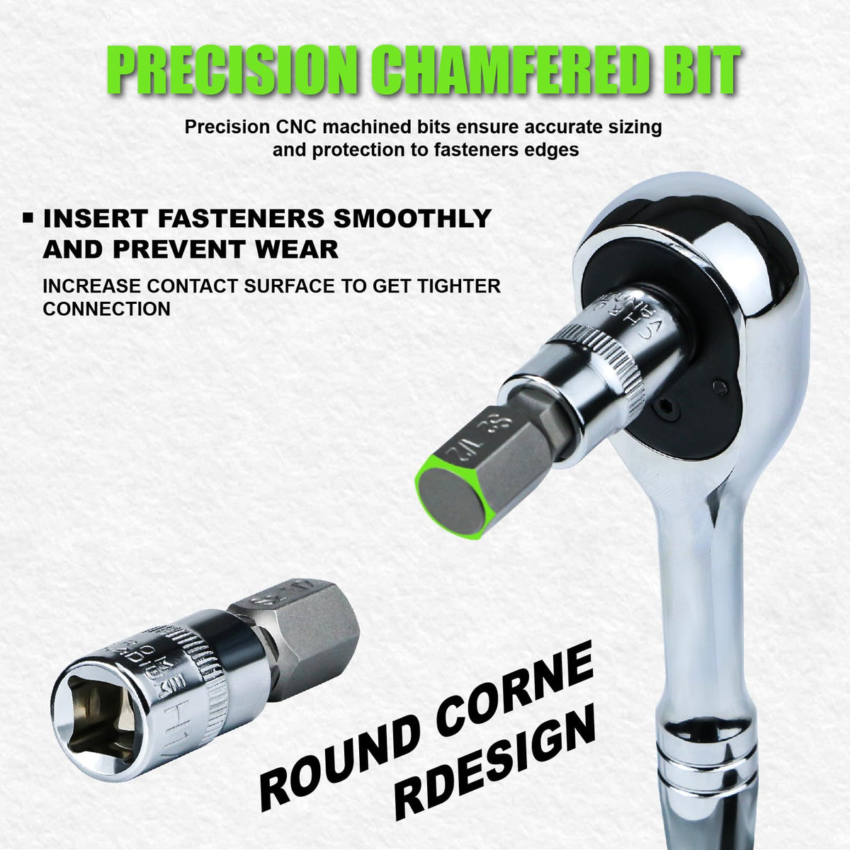 Cr-V steel sockets designed for durability and smooth turning