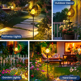 Sunket metal crescent moon with fairy silhouette enhances outdoor decor