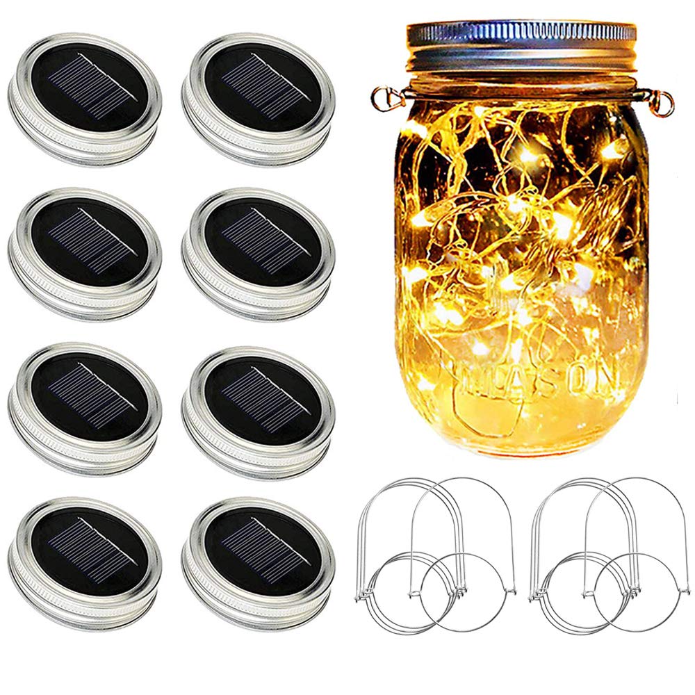 SunKite solar mason jar lid lights with 20 LEDs for bright ambient glow.