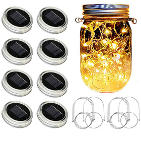 SunKite solar mason jar lid lights with 20 LEDs for bright ambient glow.
