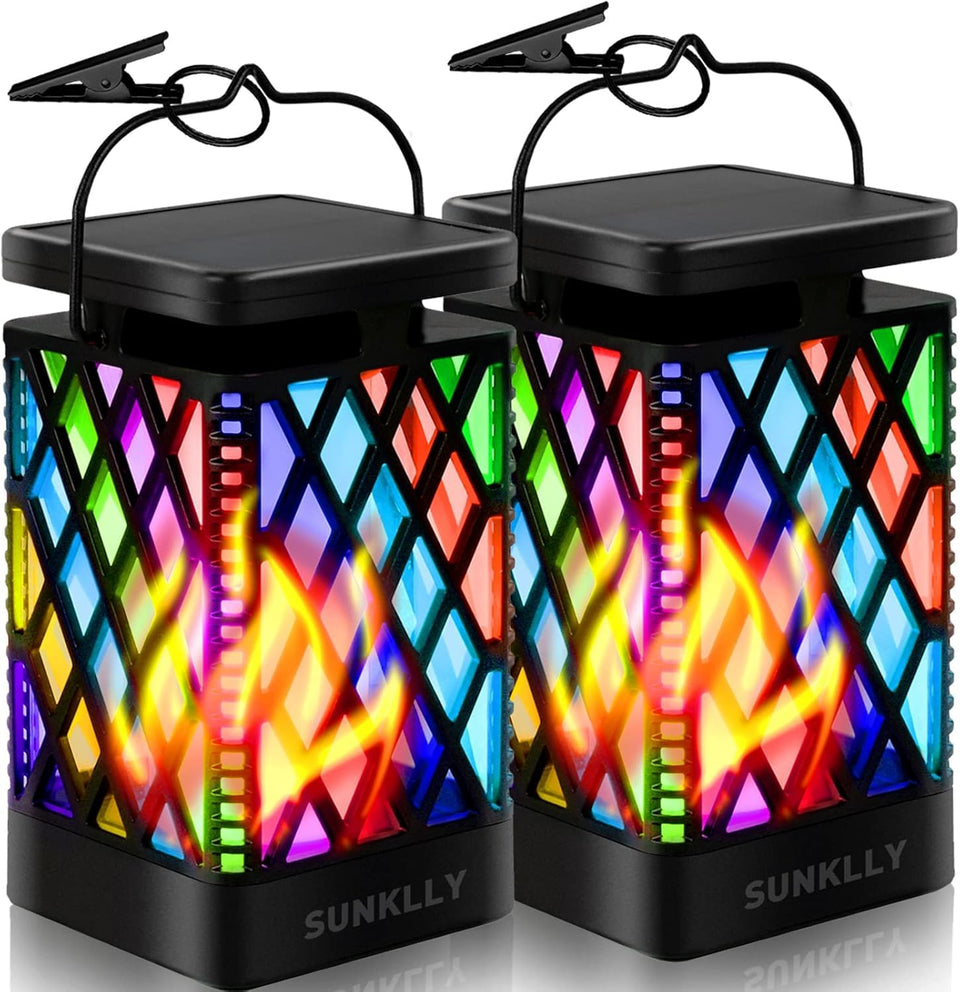 Sunklly Solar Lanterns color-changing flame lighting up a garden path