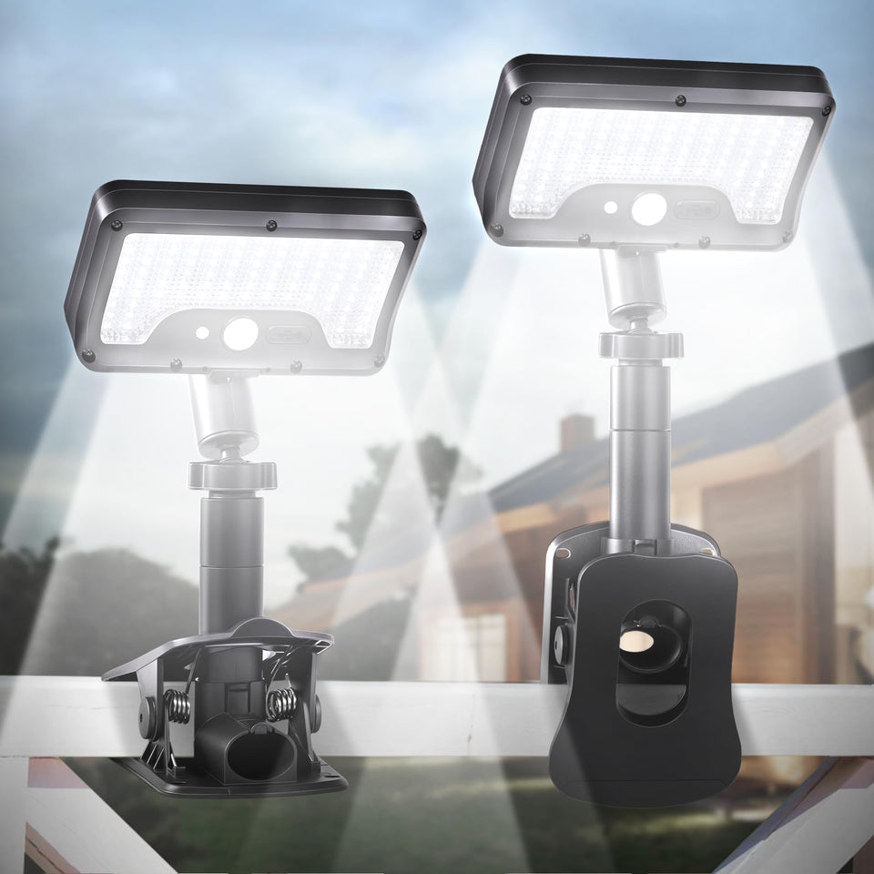 Sunlight Encounter clip-on solar light mounted on a fence for easy outdoor illumination.