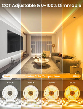 SUNLINKCO COB LED strip with 180-degree beam for wide-area lighting in kitchens and rooms.