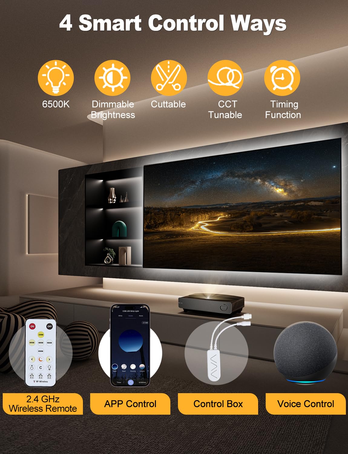 SUNLINKCO COB LED strip includes app and remote control for easy adjustments.