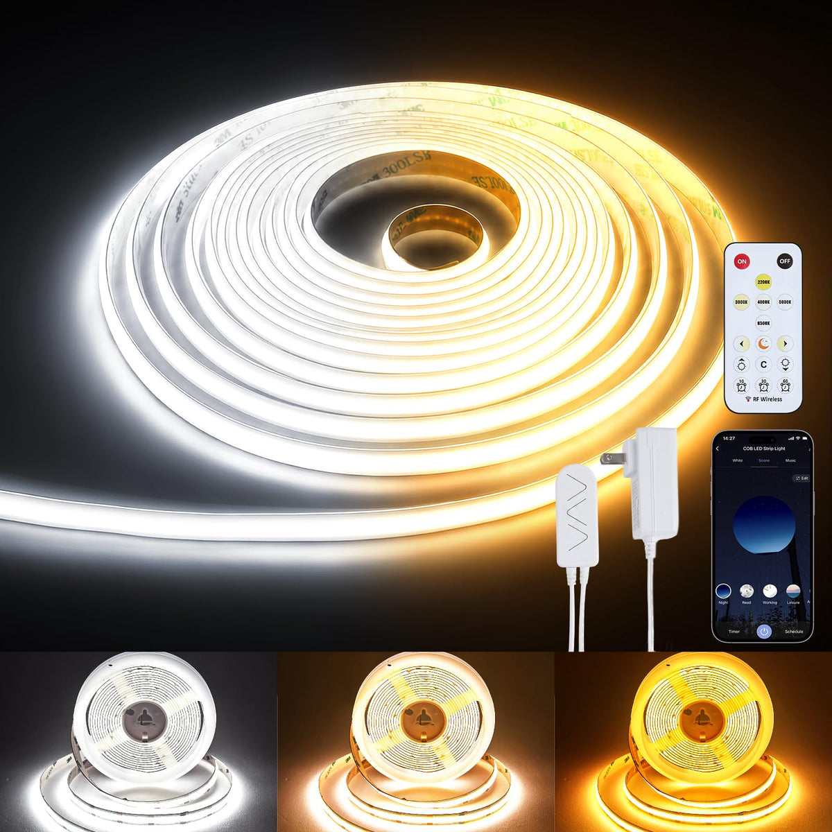 SUNLINKCO COB LED strip with dense LEDs for bright, even illumination in living spaces.