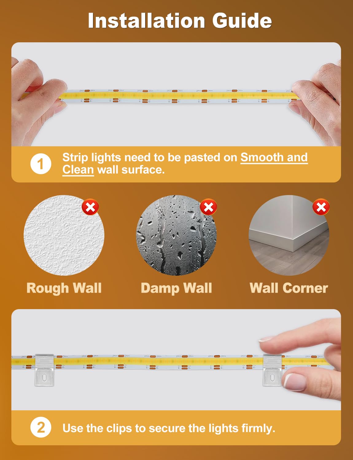 SUNLINKCO COB LED strip includes adhesive tape and clips for secure mounting.