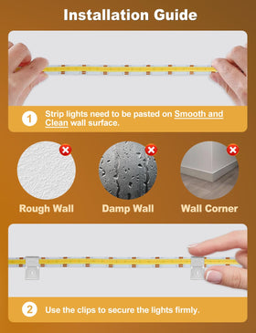 SUNLINKCO COB LED strip includes adhesive tape and clips for secure mounting.