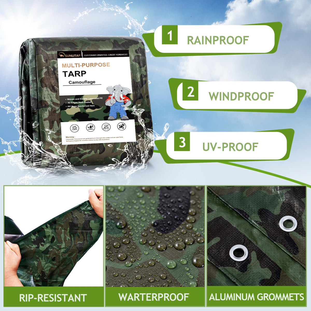 Sunlitap camouflage tarp polyethylene construction resists moisture and dust.