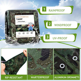 Sunlitap camouflage tarp polyethylene construction resists moisture and dust.