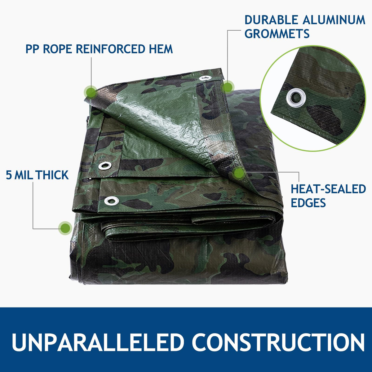 Sunlitap camouflage tarp reinforced edges shield against wear and tear.