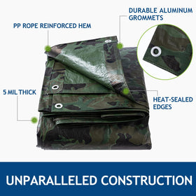 Sunlitap camouflage tarp reinforced edges shield against wear and tear.