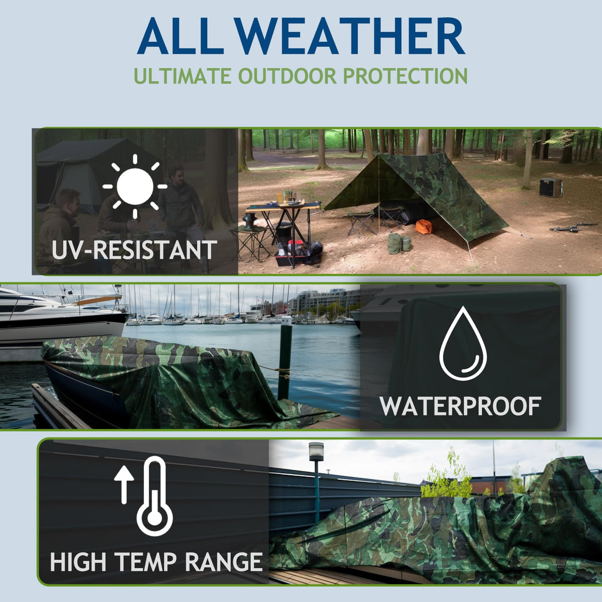 Sunlitap camouflage tarp versatile for camping, car covers, and boats.