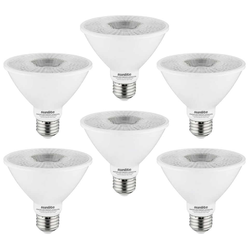 Sunlite Par30 short-neck bulb delivers warm 3000K glow for cozy living spaces.
