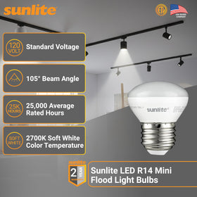 Sunlite R14 mini flood bulb lighting a curio cabinet with a warm glow.