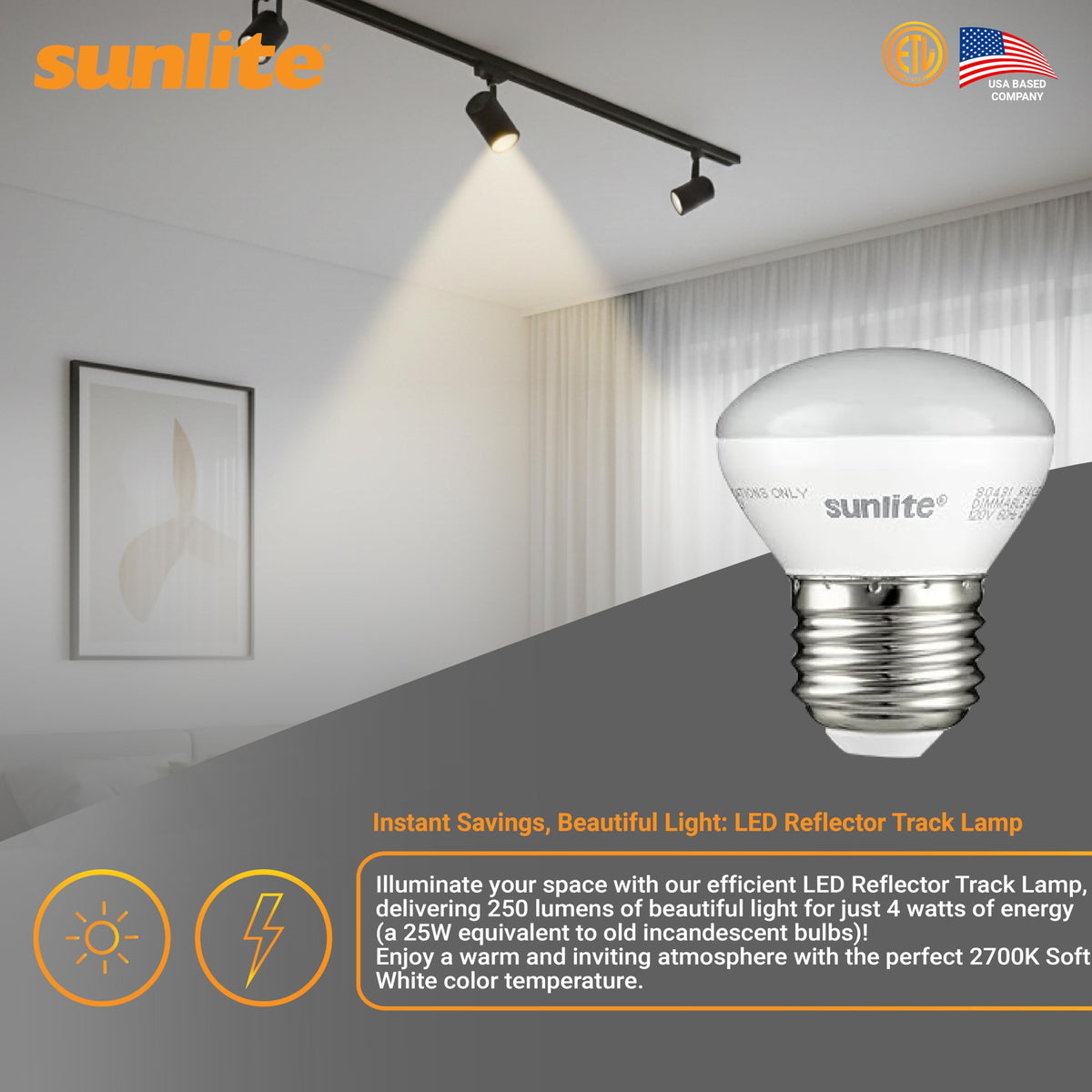 Sunlite R14 mini flood bulb ETL damp location listing for cabinet use.