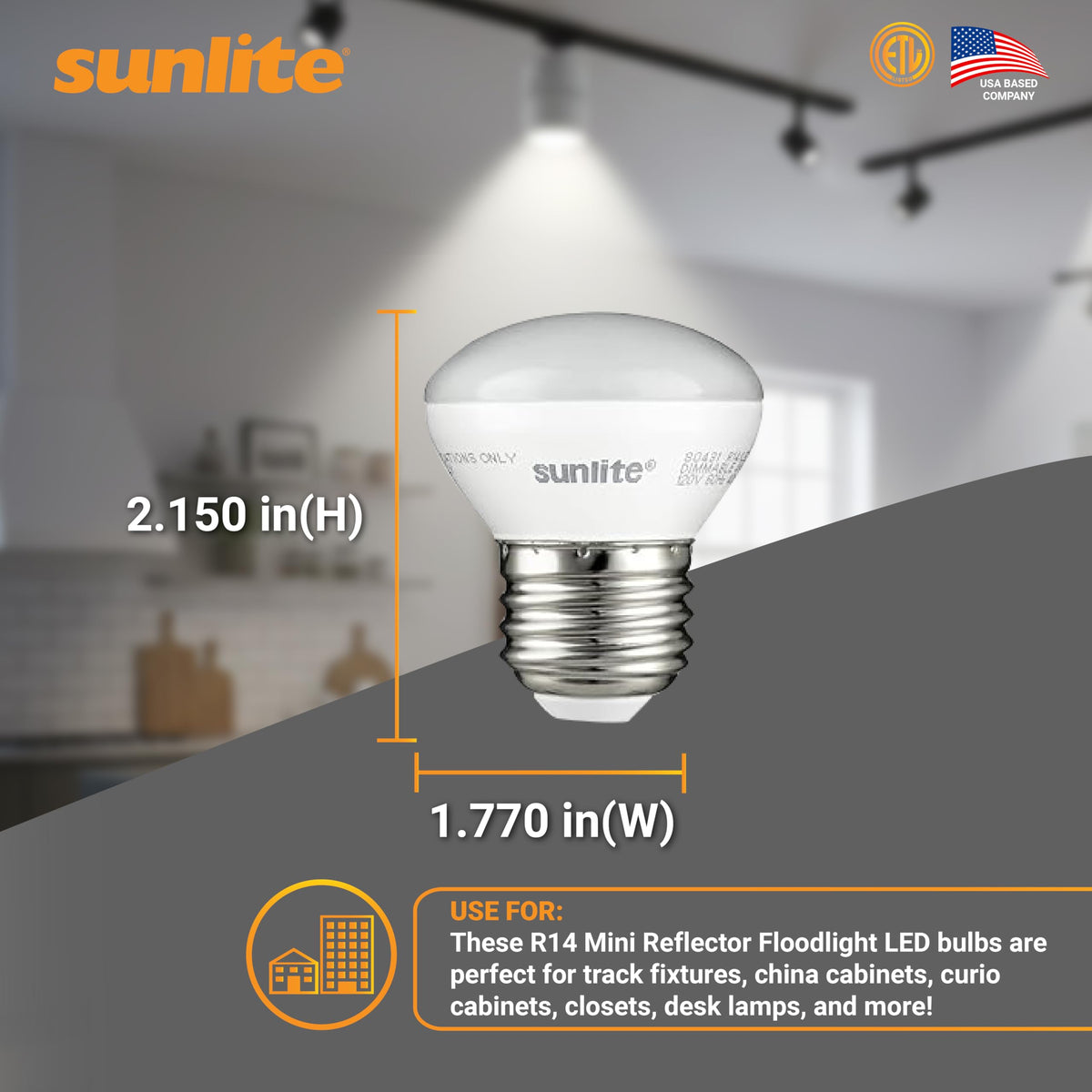 Sunlite R14 mini flood bulb close-up showing dimmable feature.