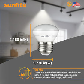 Sunlite R14 mini flood bulb close-up showing dimmable feature.